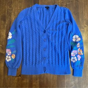 Talbots Floral Embroidered Cable Knit Cardigan Sweater Size XS Blue Cottagecore